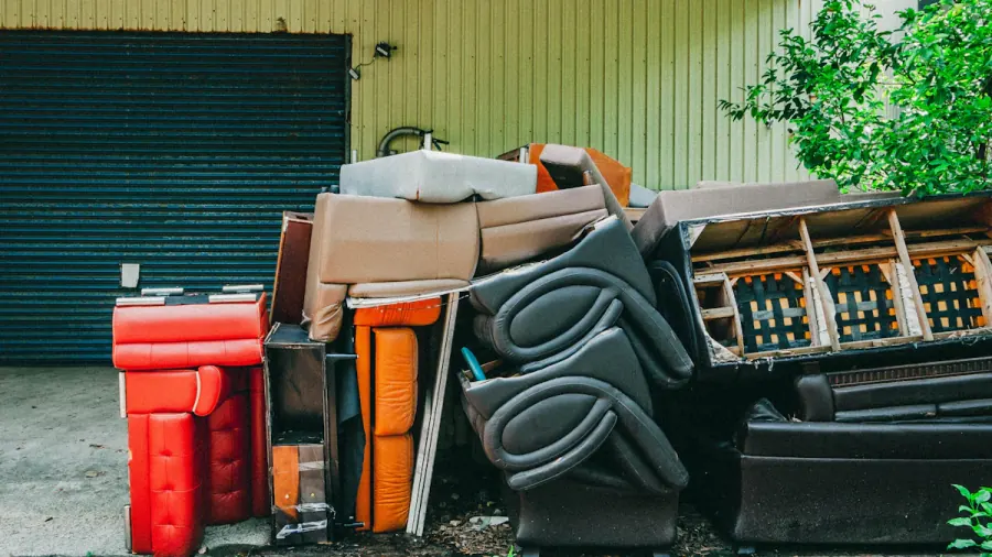 Sofa and household furniture stacked ready for removal outside a home